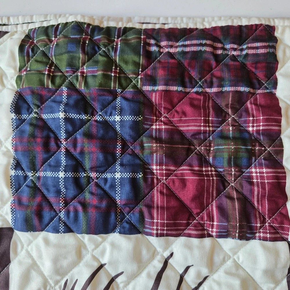 Rustic Lodge Elk Plaid Patchwork Quilted Pillow Sham Set of 2 Brown Cream 25x19